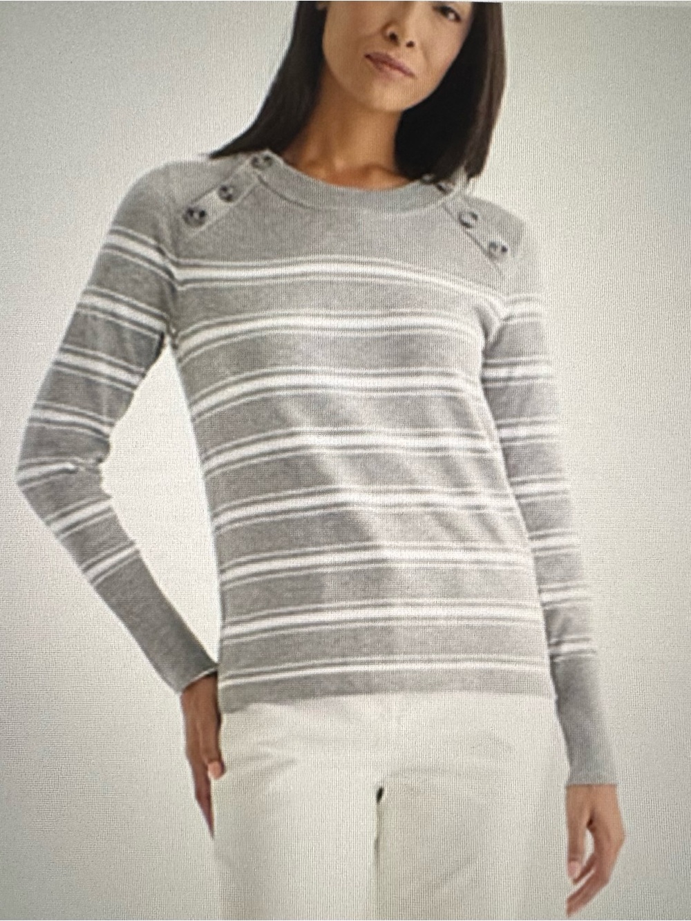 Liz Claiborne Gray and White Striped Crewneck Sweater with Shoulder Buttons